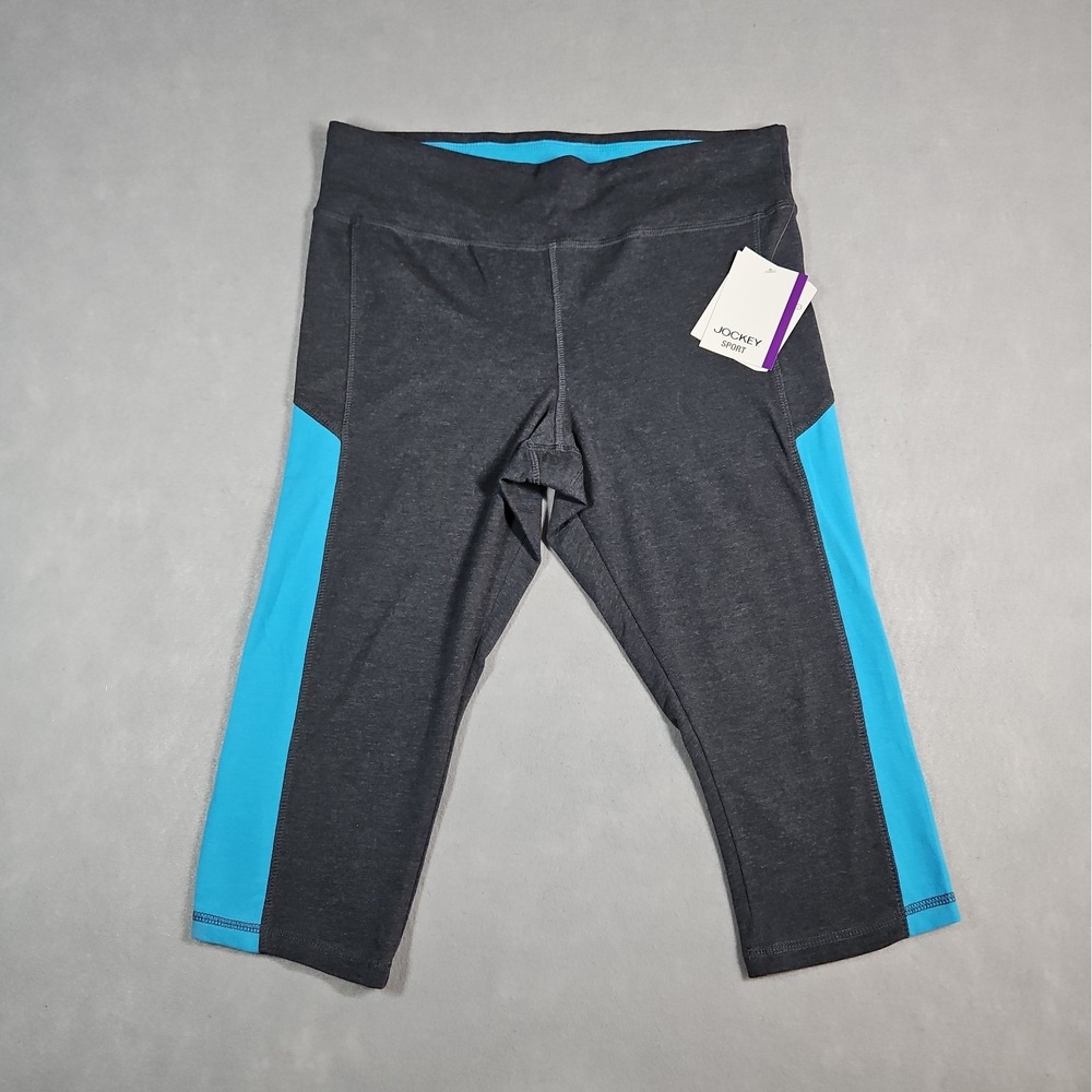 Jockey Sport Womens Gray Blue Colorblock Cotton Blend Capri Leggings Large NWT